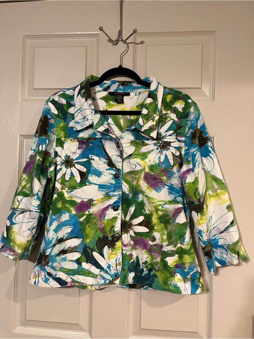 #62 Kartus Floral Painterly Print Women's Jacket - White/Green/Blue XLarge